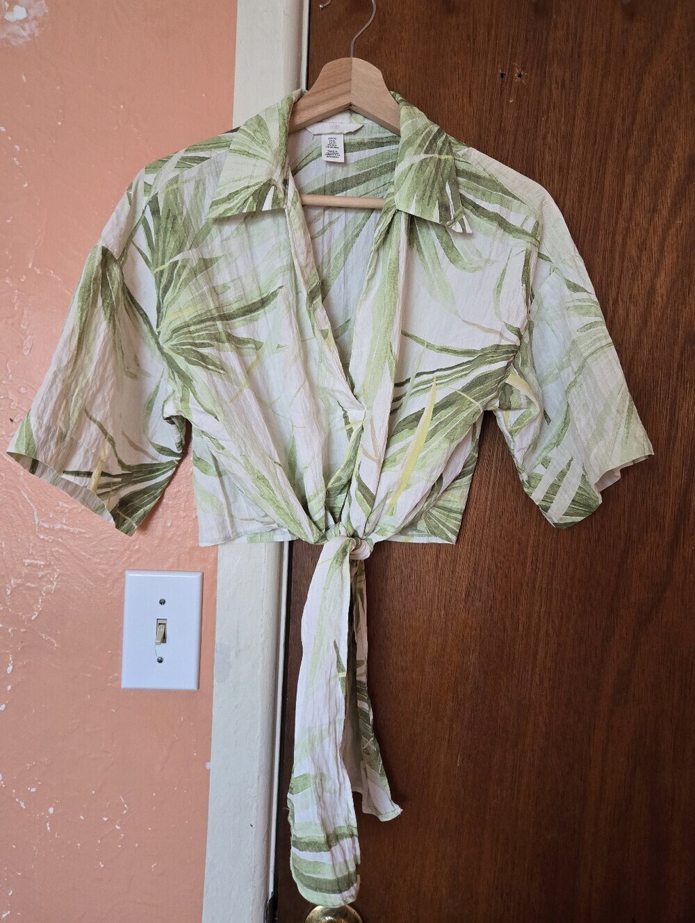 H&M White Green Palm-Print Tie-Front Tropical Crop Top XS - Picture 5 of 8